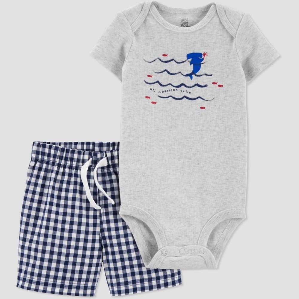 Carter's Just One You Baby Boys' Gingham Shark Print 2pc Top & Bottom Set 3M NWT